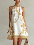 Vestido Mini de Encaje Impreso en Oro Blanco