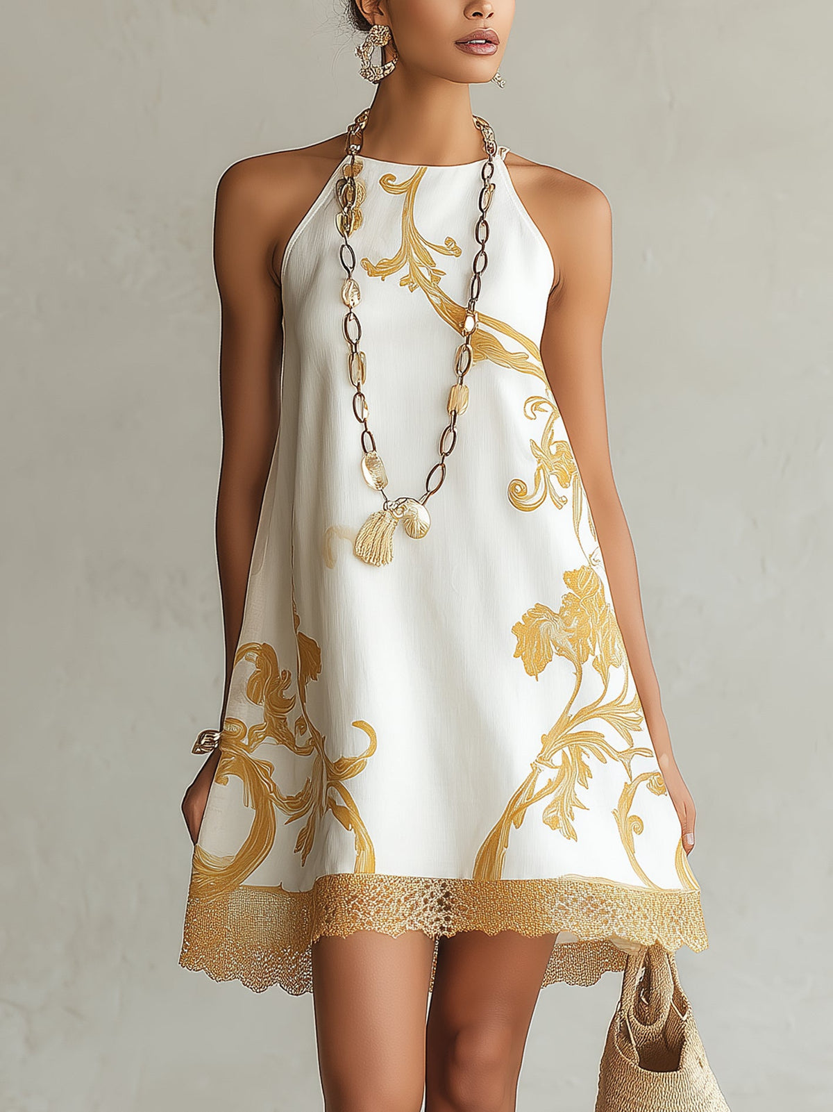 Vestido Mini de Encaje Impreso en Oro Blanco