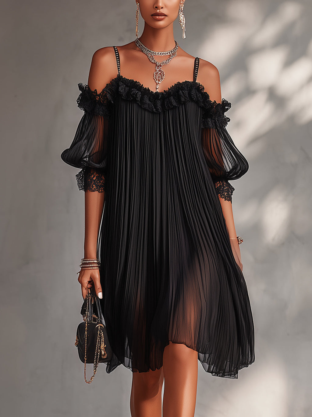 VITTORIA | MINI VESTIDO NEGRO DE MUSLINA CON HOMBROS DESCUBIERTOS Y BORDES DE ENCANTO