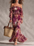 Vestido maxi de gasa rosa floral con hombros descubiertos