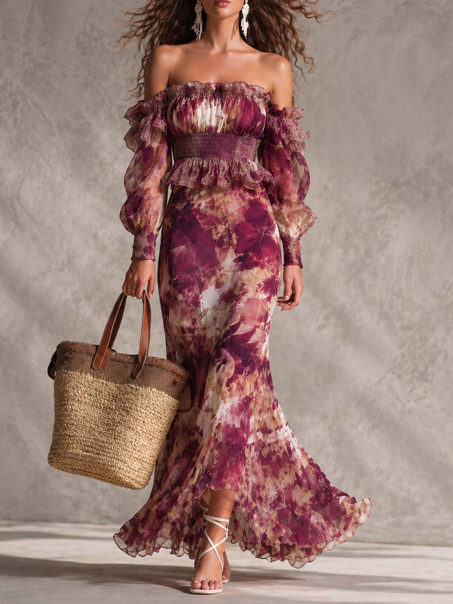 Vestido maxi de gasa rosa floral con hombros descubiertos