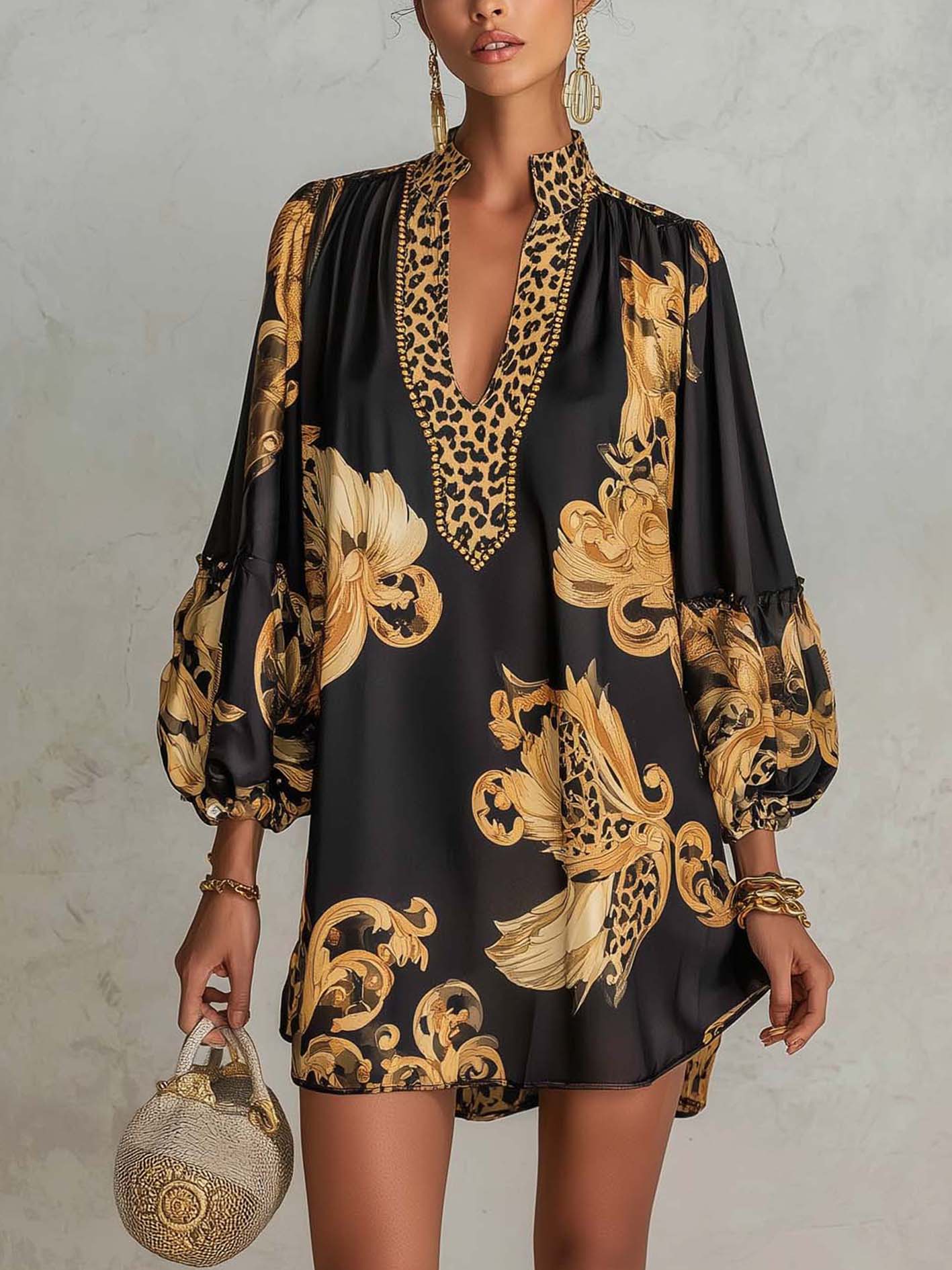 Vestido Mini de Cuello en V con Estampado Barroco Retro Negro