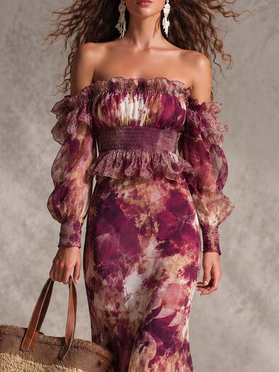 Vestido maxi de gasa rosa floral con hombros descubiertos