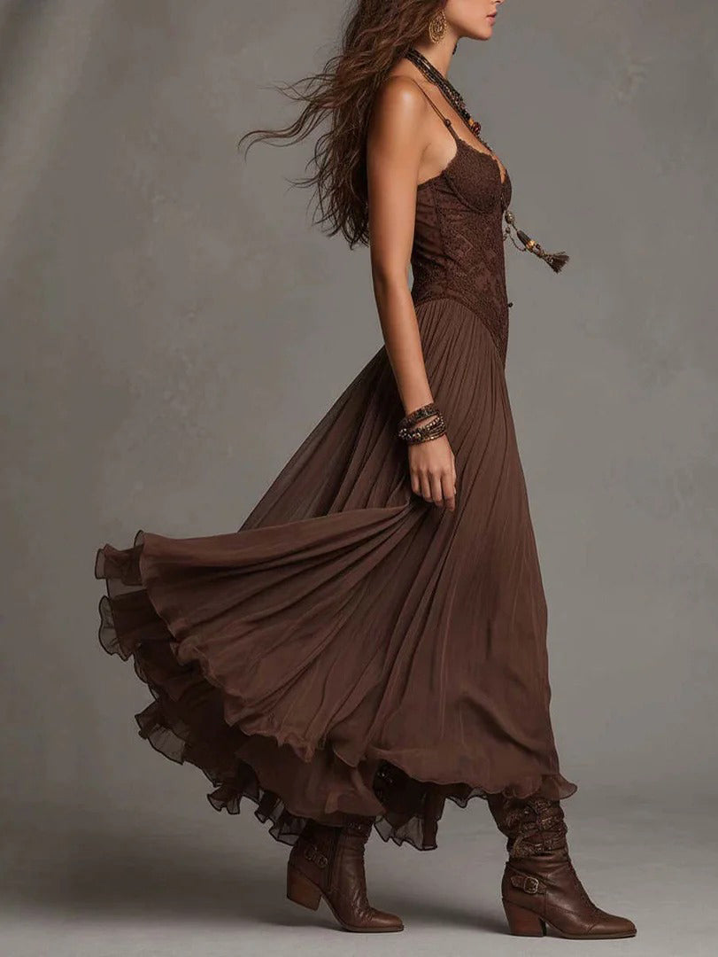 Vestido Midi Flowy con Volantes y Escote en V de Encaje Sexy