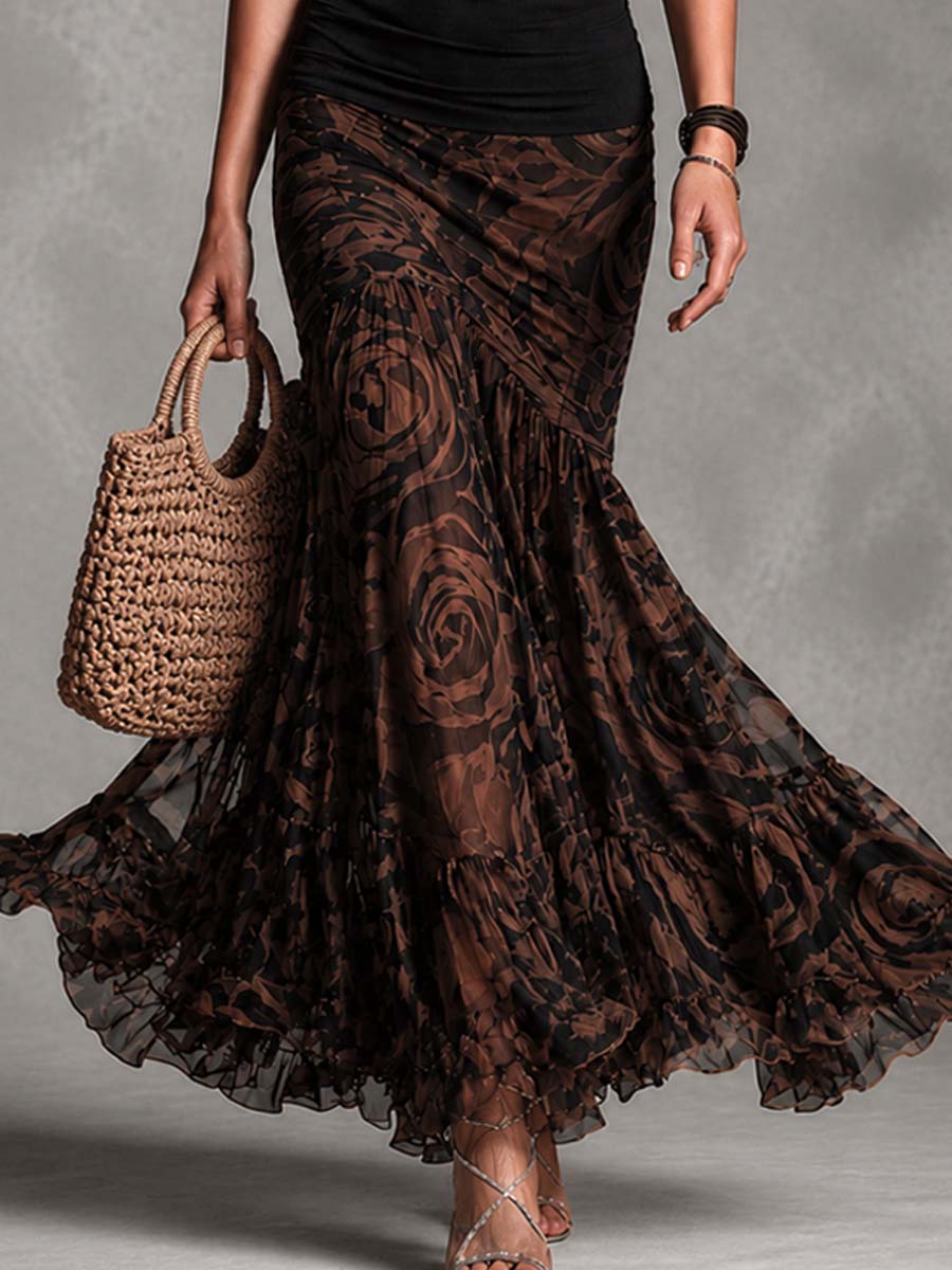 Conjunto de top negro retro y falda de malla impresa marrón