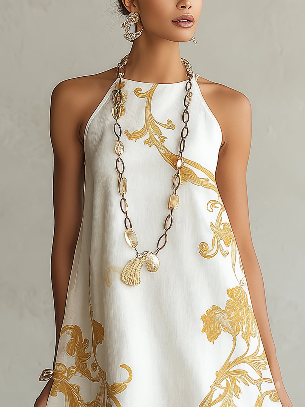 Vestido Mini de Encaje Impreso en Oro Blanco