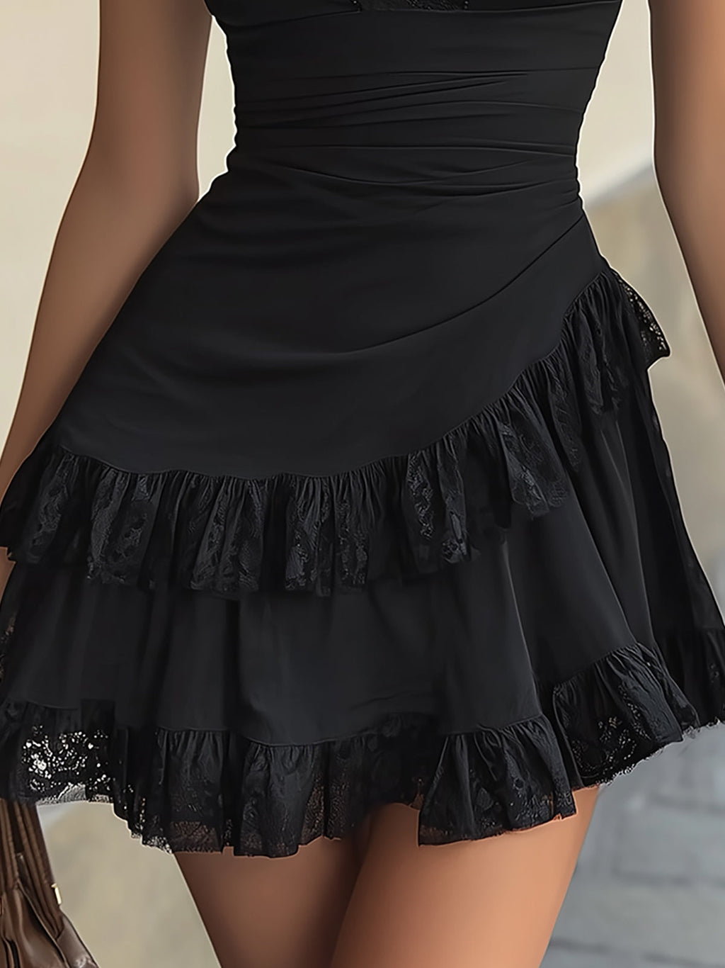 Vestido Mini de Encaje Negro con Cuello en V y Volantes