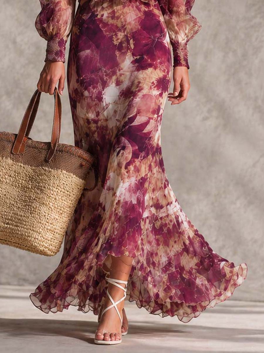 Vestido maxi de gasa rosa floral con hombros descubiertos