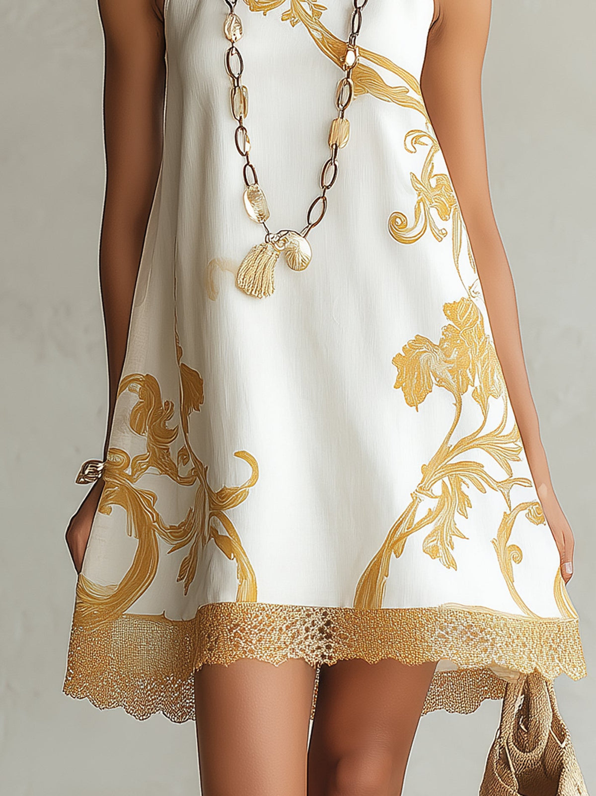 Vestido Mini de Encaje Impreso en Oro Blanco