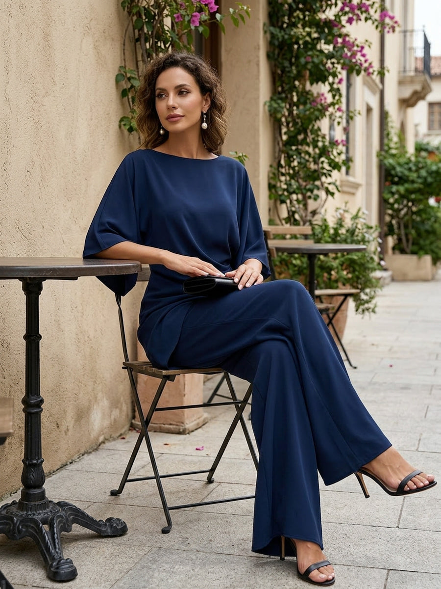 Moni | Conjunto de Blusa con Cintura Drapada y Pantalones de Pierna Ancha