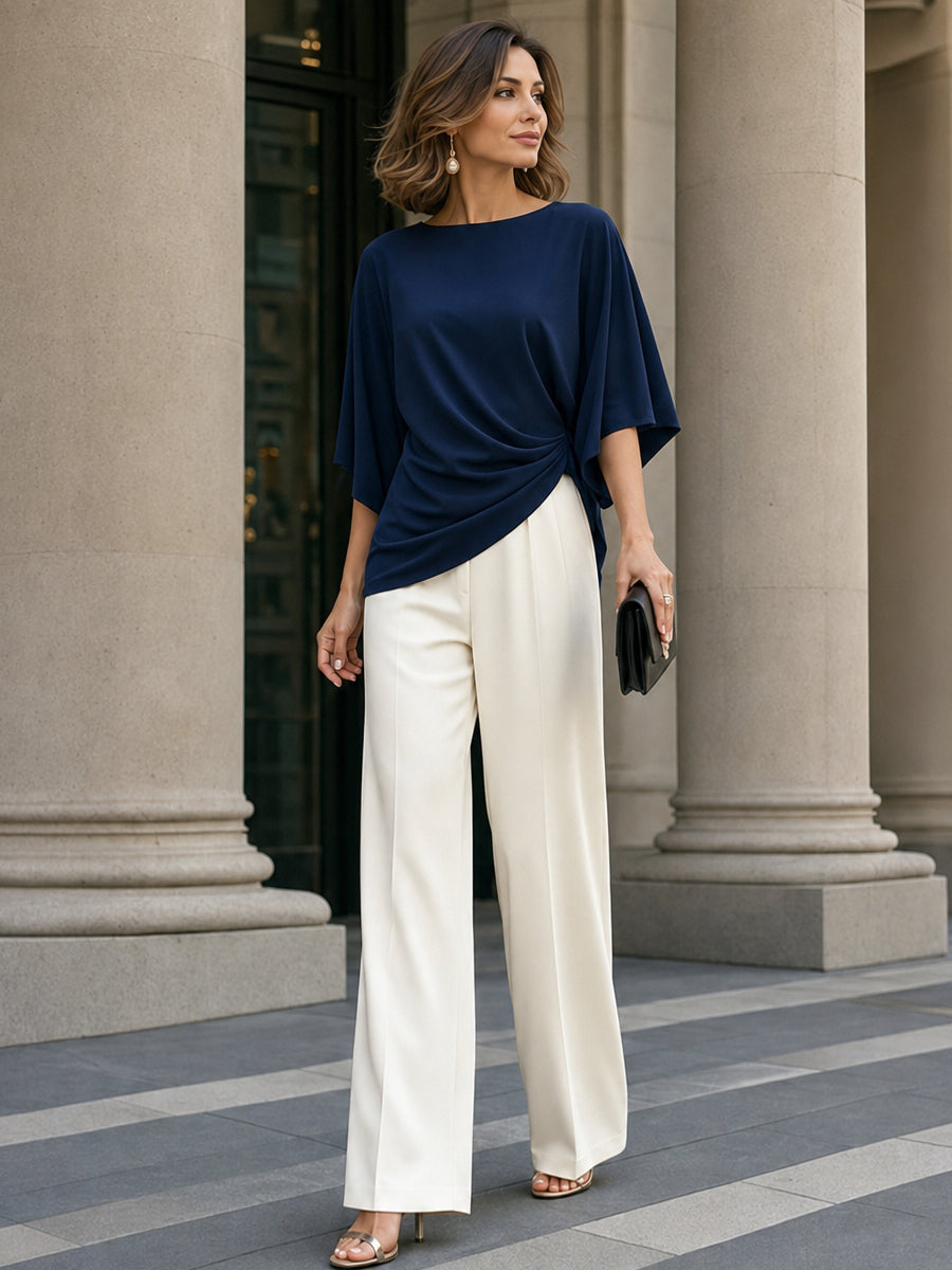 Moni | Conjunto de Blusa con Cintura Drapada y Pantalones de Pierna Ancha