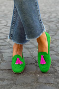 Isabela | Mocasín Verde con Flecos Fucsias