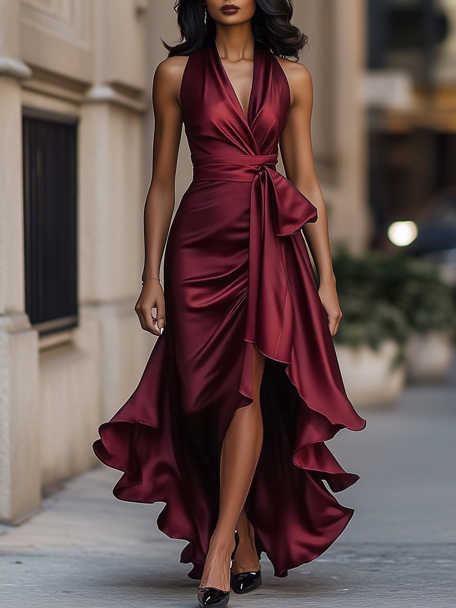 Triana | Vestido de Raso con Volantes Halter Elegancia de Medianoche