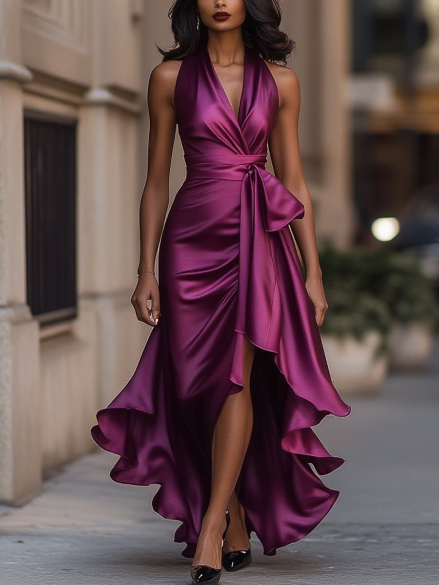 Triana | Vestido de Raso con Volantes Halter Elegancia de Medianoche