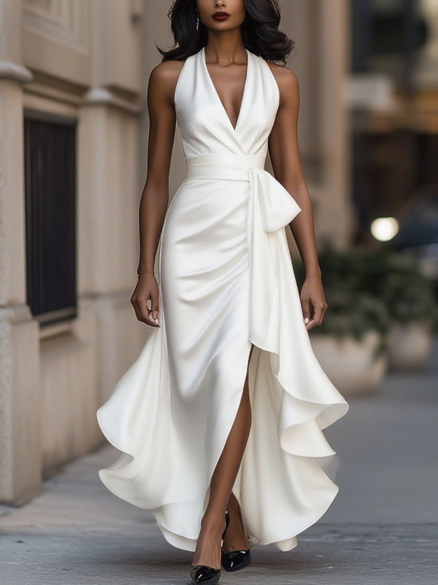 Triana | Vestido de Raso con Volantes Halter Elegancia de Medianoche