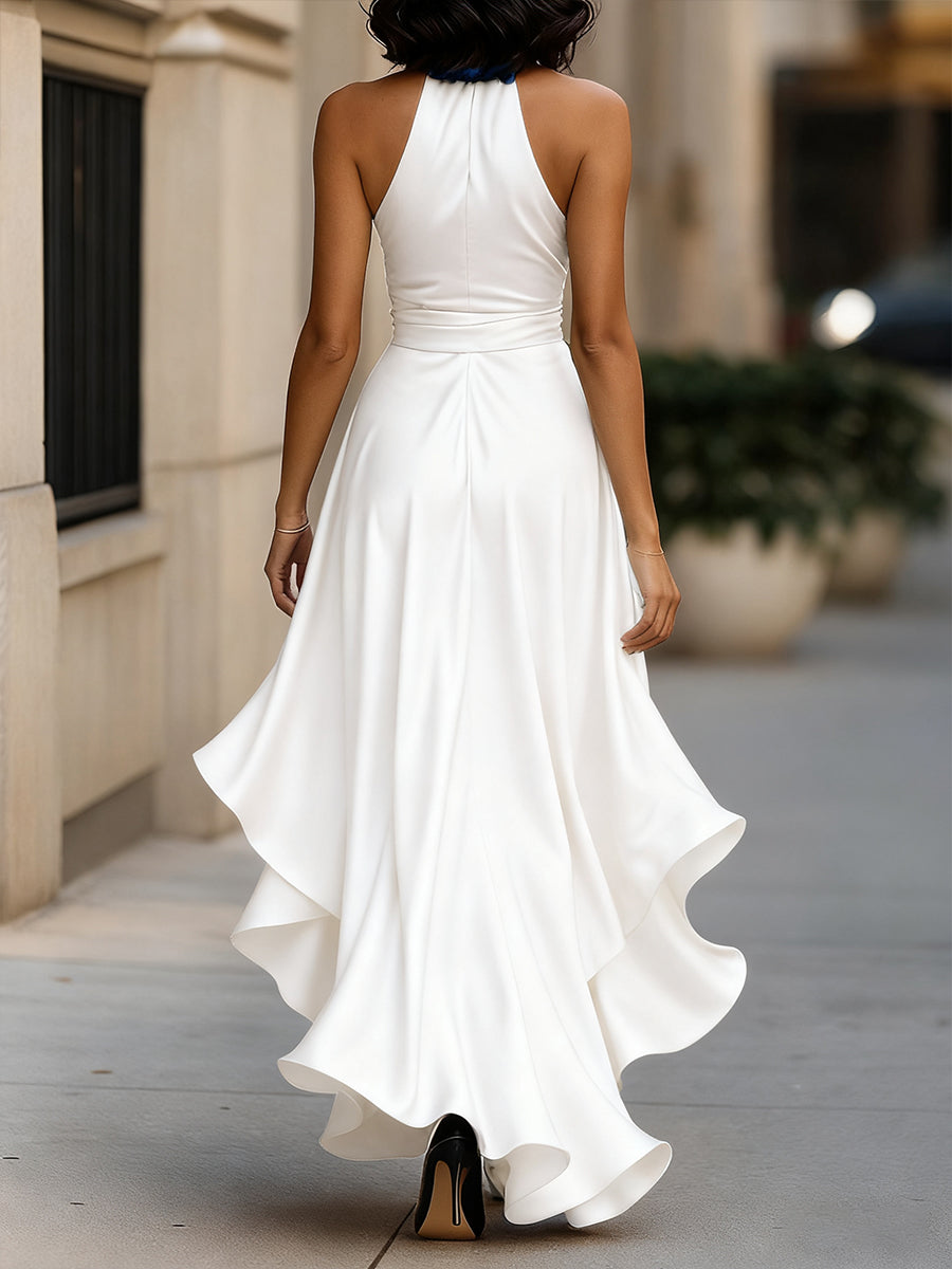 Triana | Vestido de Raso con Volantes Halter Elegancia de Medianoche
