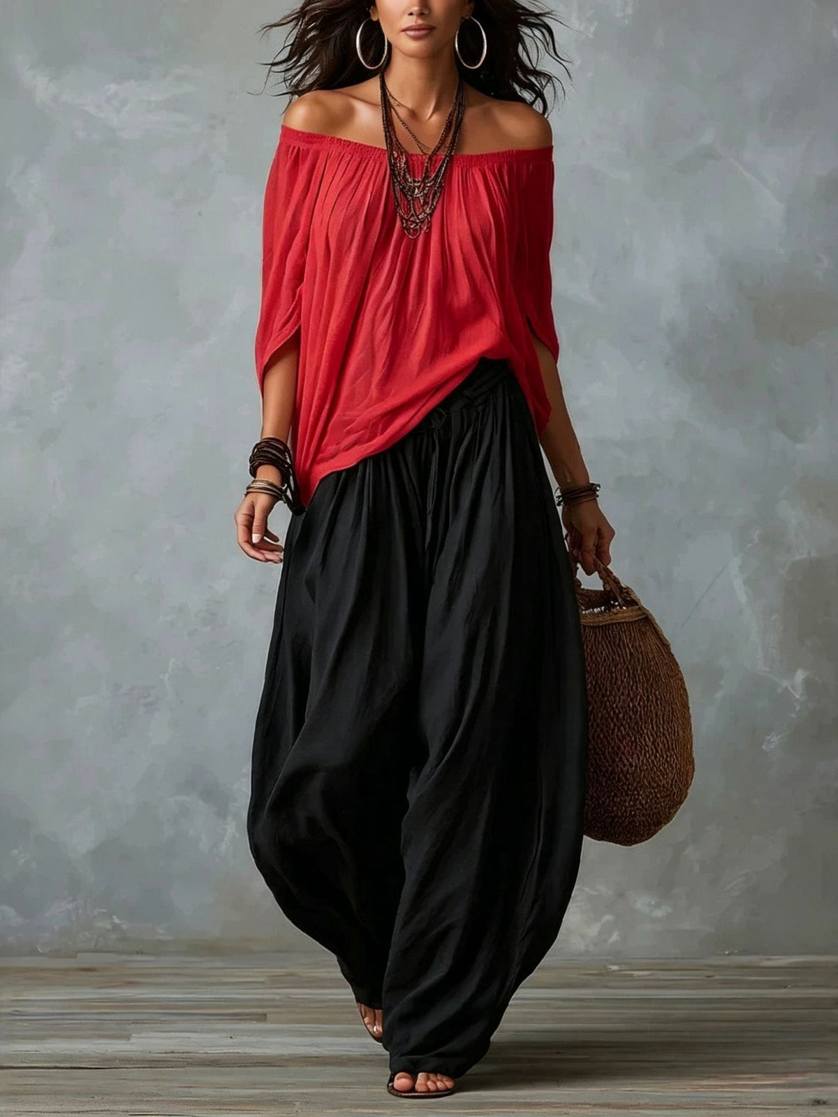 Marta | Conjunto de Top Blanco Off-the-shoulder y Pantalones Lantern Holgados