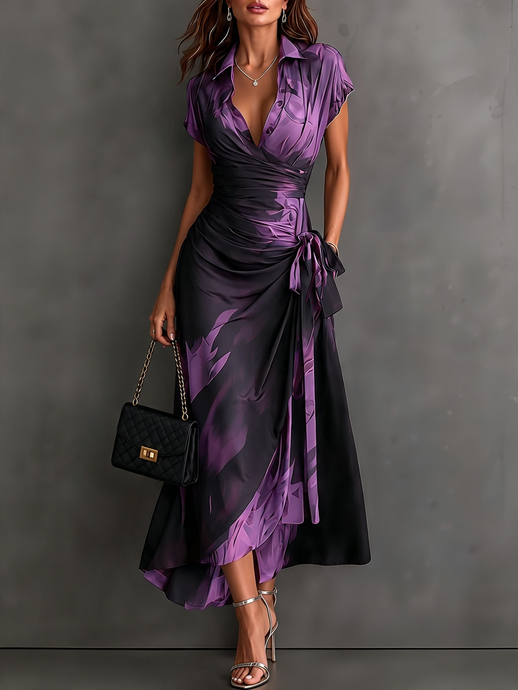 Malasia | Vestido Midi Envoltura Abstracto Rojo y Negro con Cuello Camisero, Escote en V