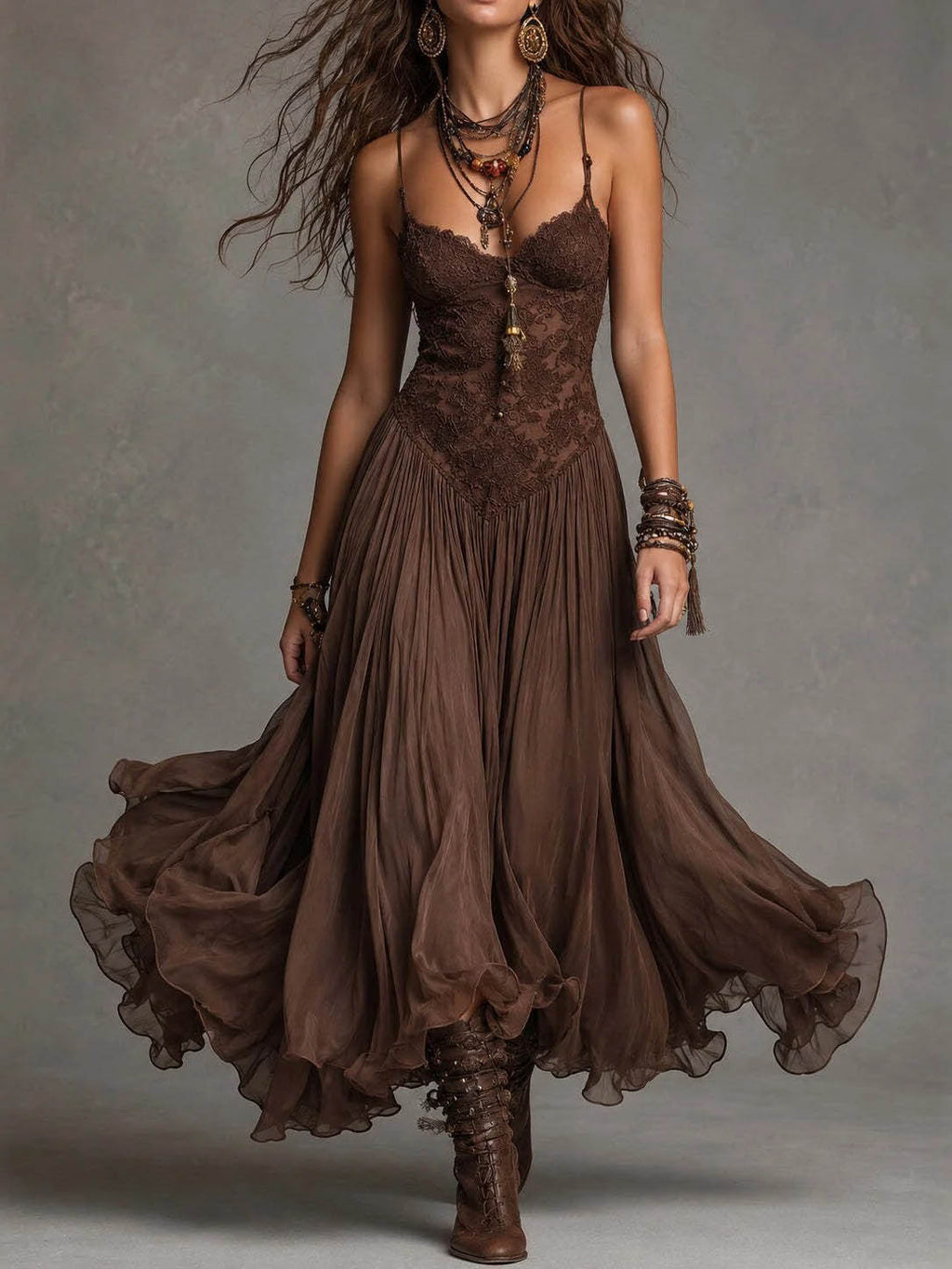 Vestido Midi Flowy con Volantes y Escote en V de Encaje Sexy
