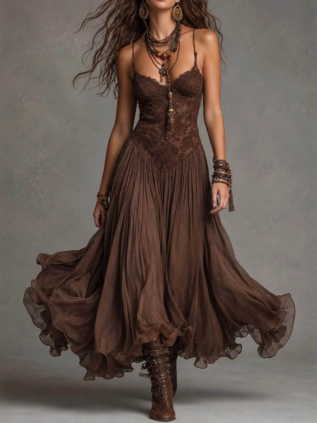 Vestido Midi Flowy con Volantes y Escote en V de Encaje Sexy