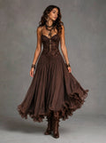 Vestido Midi Flowy con Volantes y Escote en V de Encaje Sexy