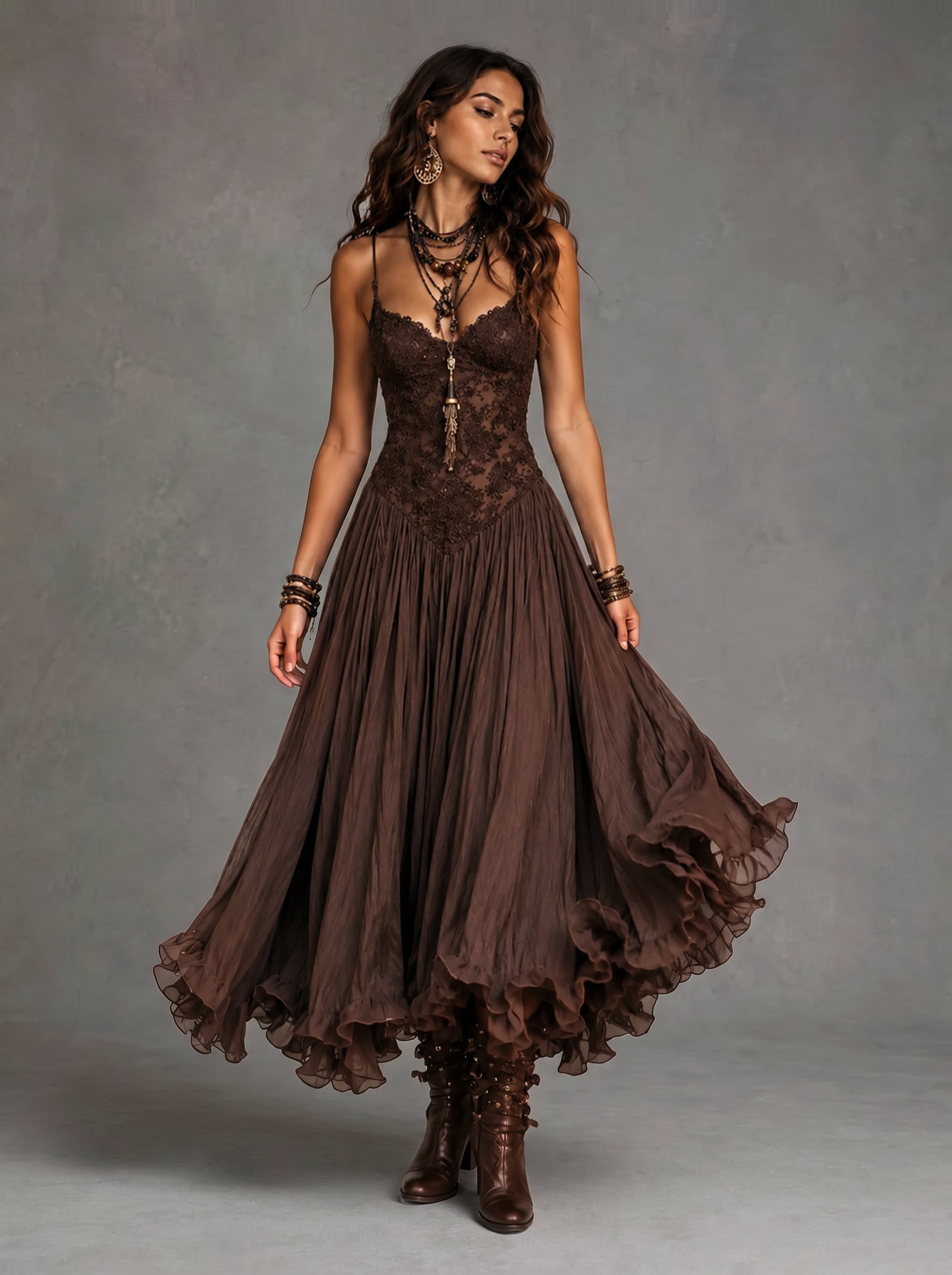 Vestido Midi Flowy con Volantes y Escote en V de Encaje Sexy
