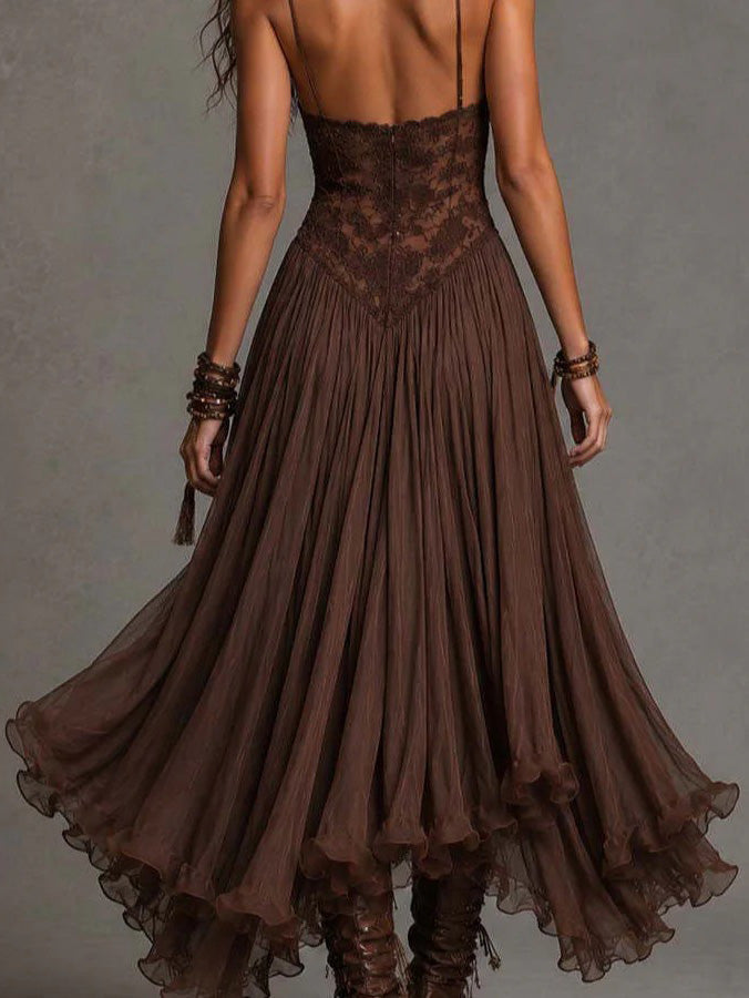 Vestido Midi Flowy con Volantes y Escote en V de Encaje Sexy