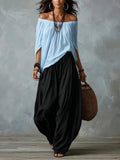 Noelia | Conjunto de Top Azul Off-the-shoulder y Pantalones Lantern Holgados