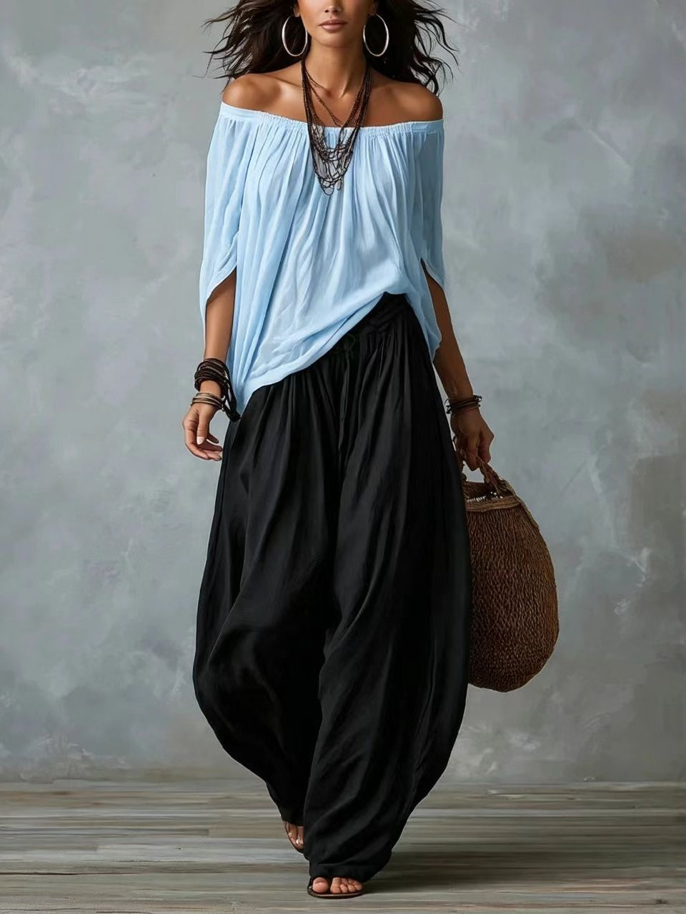 Marta | Conjunto de Top Blanco Off-the-shoulder y Pantalones Lantern Holgados