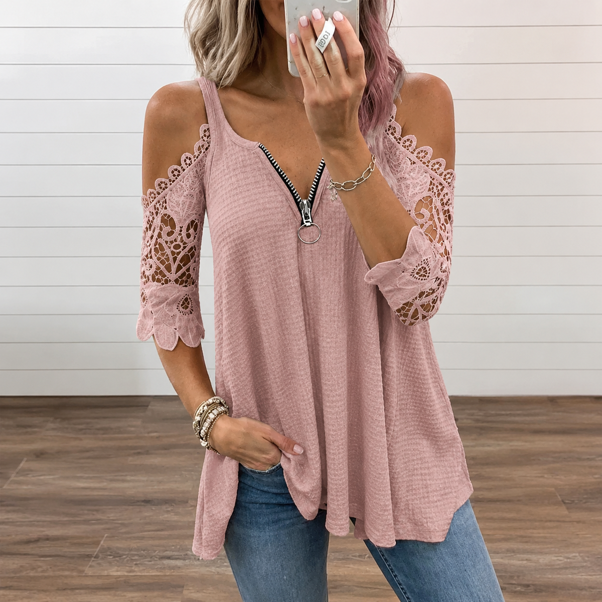 Estela - Camiseta de encaje para mujer con hombros descubiertos.