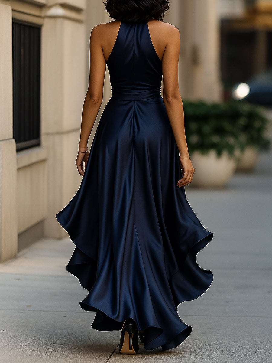 Triana | Vestido de Raso con Volantes Halter Elegancia de Medianoche