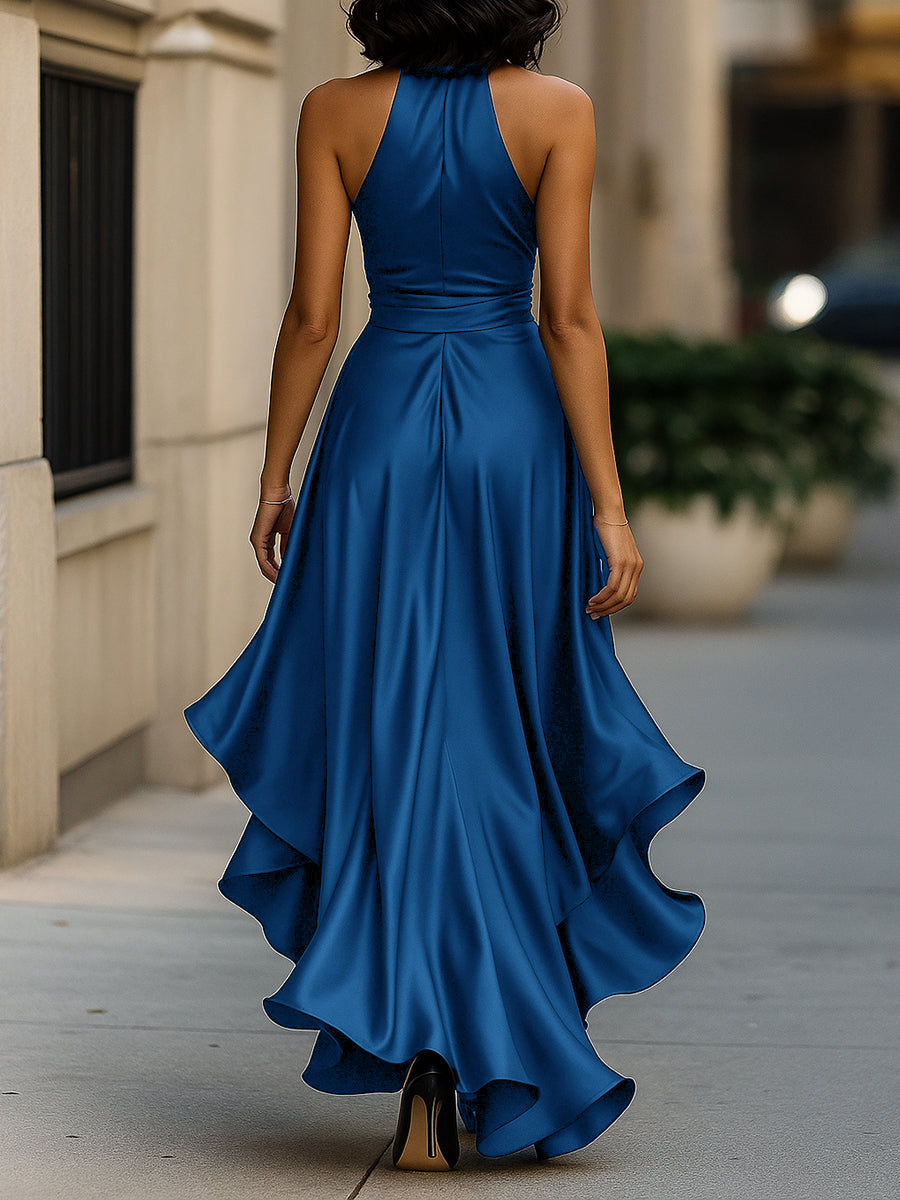 Triana | Vestido de Raso con Volantes Halter Elegancia de Medianoche