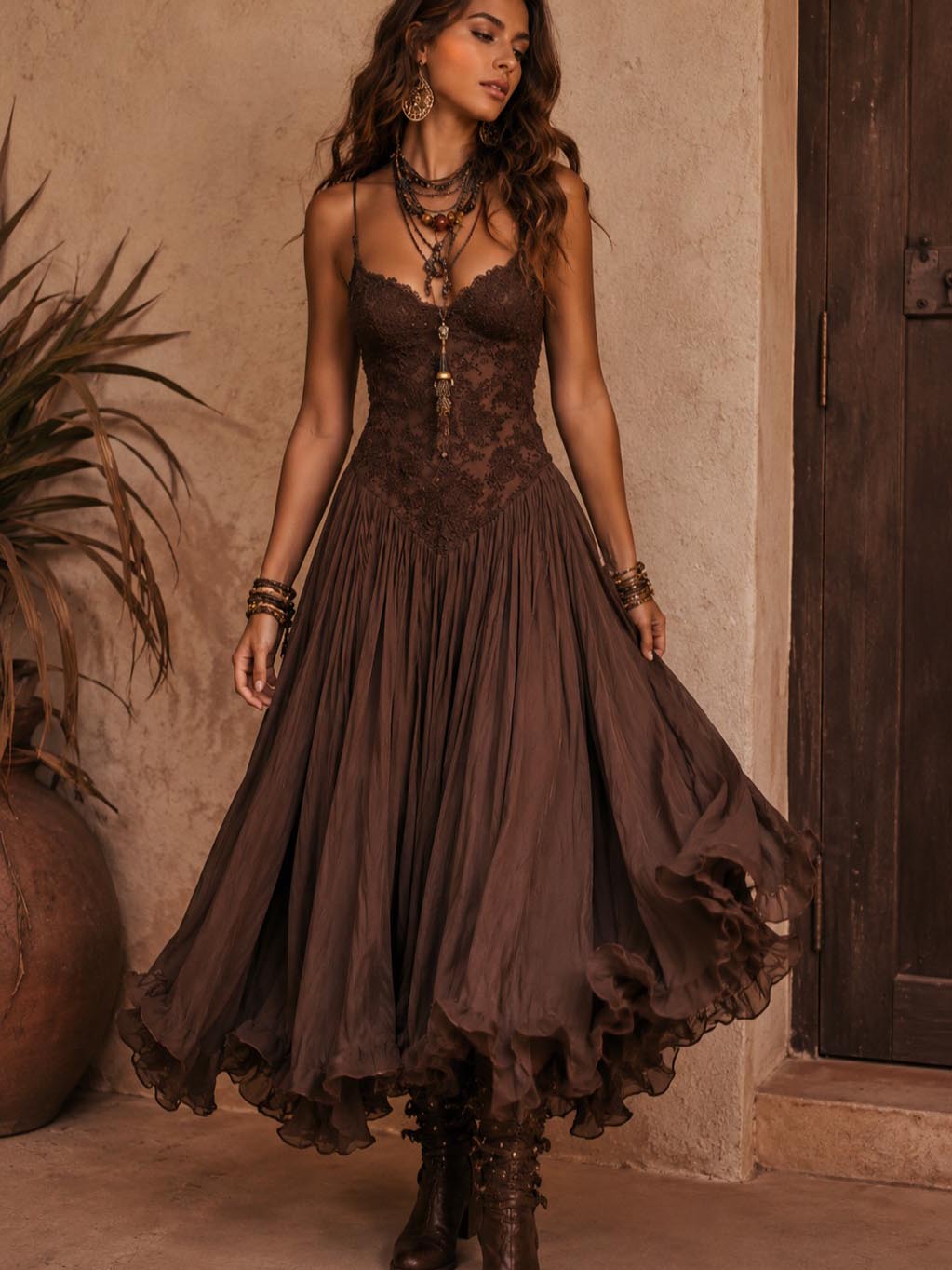 Vestido Midi Flowy con Volantes y Escote en V de Encaje Sexy