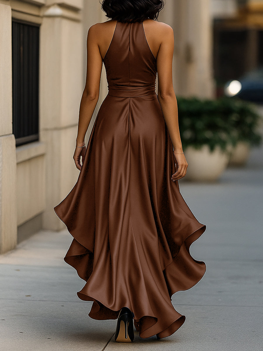 Triana | Vestido de Raso con Volantes Halter Elegancia de Medianoche