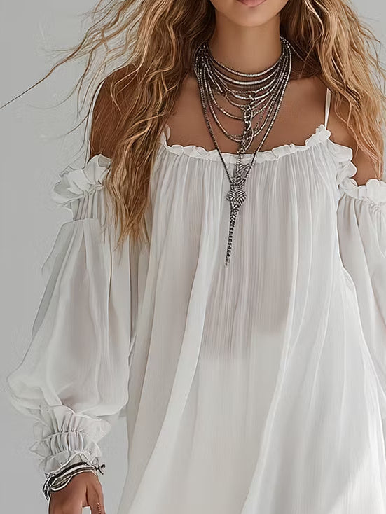 Vannesa | Vestido Mini Fluido Estilo Bohemio con Hombros Descubiertos