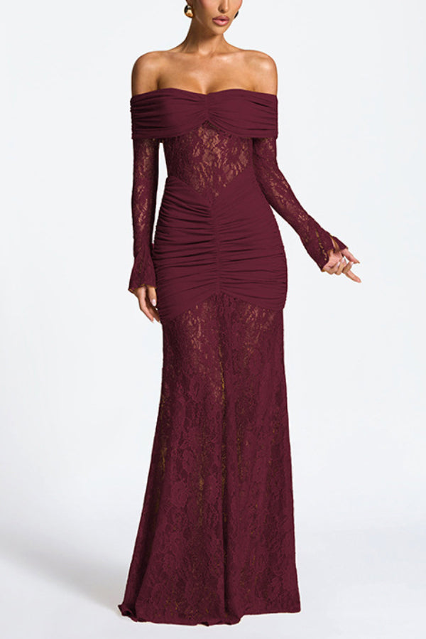 Vestido Maxi Ajustado de Manga Larga con Encaje en Patchwork de Color Sólido y Hombros Descubiertos