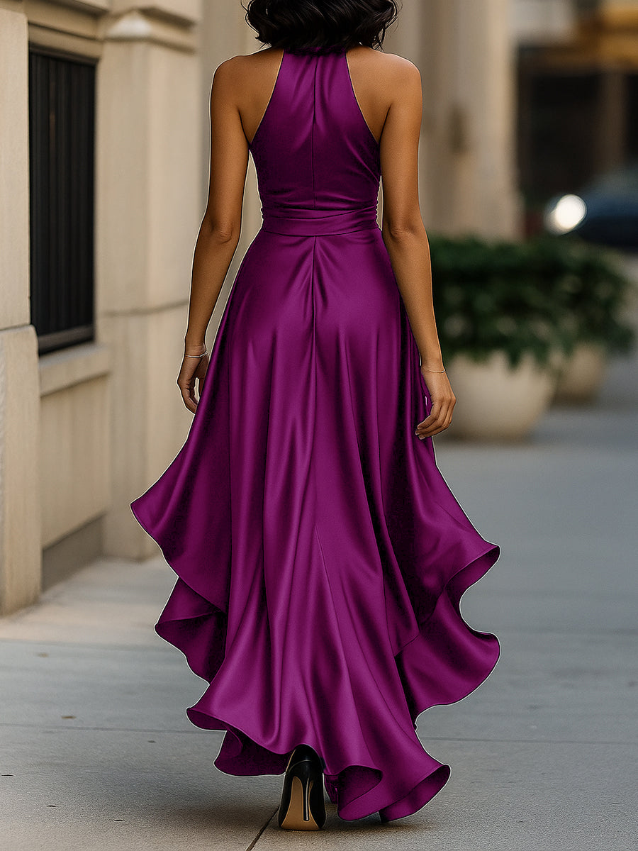 Triana | Vestido de Raso con Volantes Halter Elegancia de Medianoche