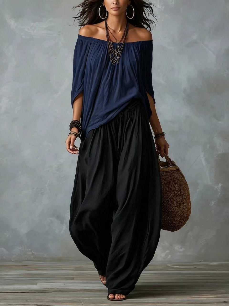 Marta | Conjunto de Top Blanco Off-the-shoulder y Pantalones Lantern Holgados