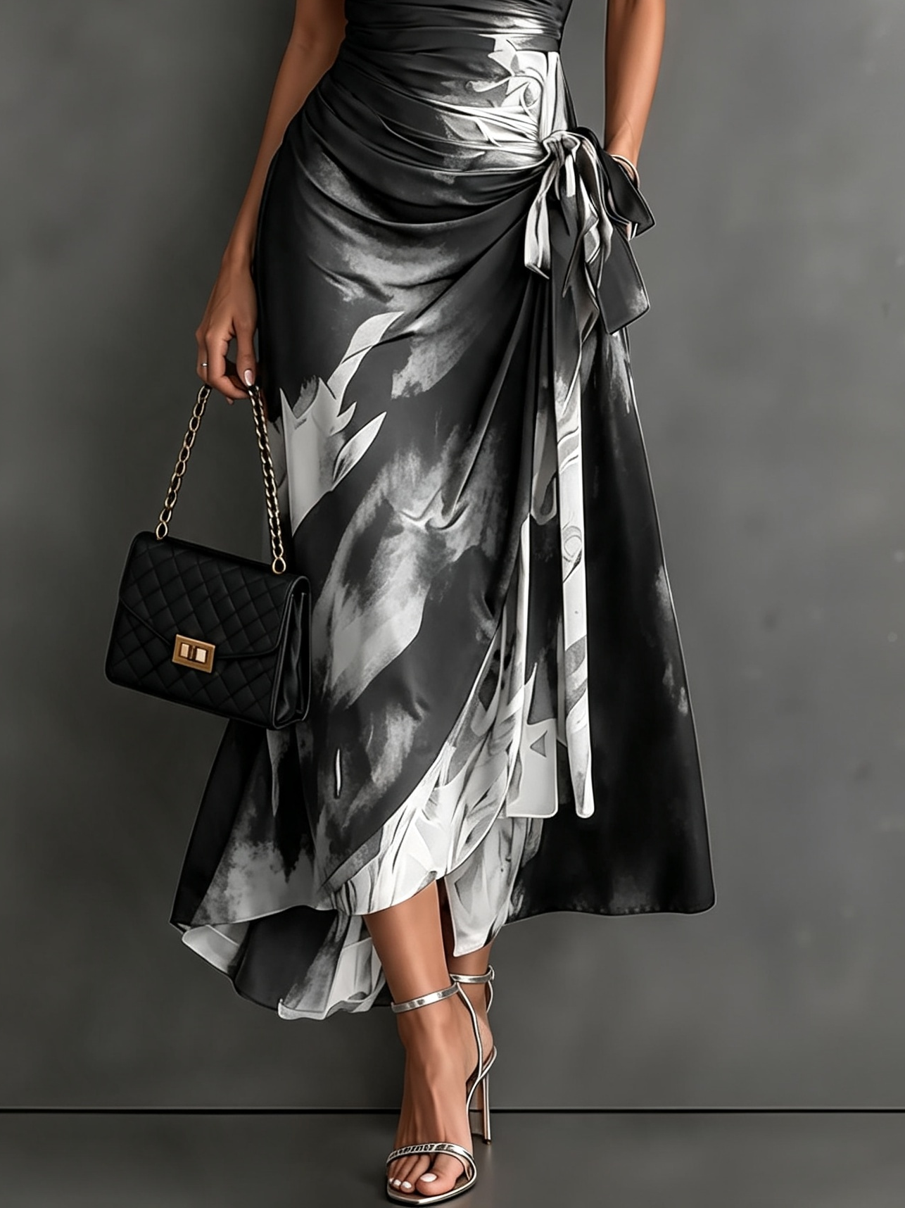 Malasia | Vestido Midi Envoltura Abstracto Blanco y Negro con Cuello Camisero, Escote en V