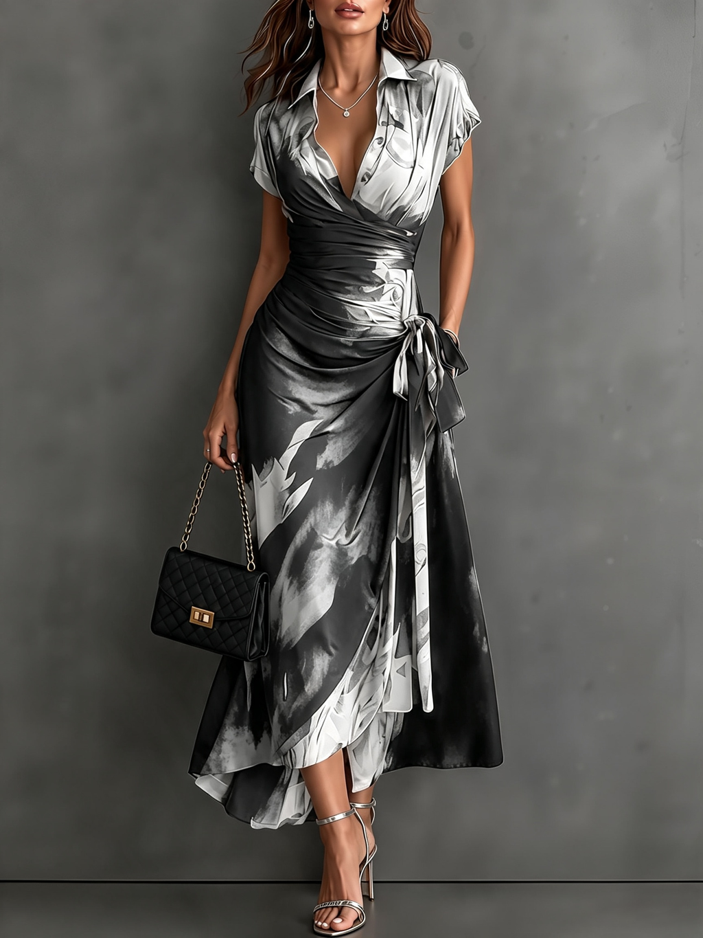 Malasia | Vestido Midi Envoltura Abstracto Blanco y Negro con Cuello Camisero, Escote en V