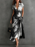 Malasia | Vestido Midi Envoltura Abstracto Blanco y Negro con Cuello Camisero, Escote en V
