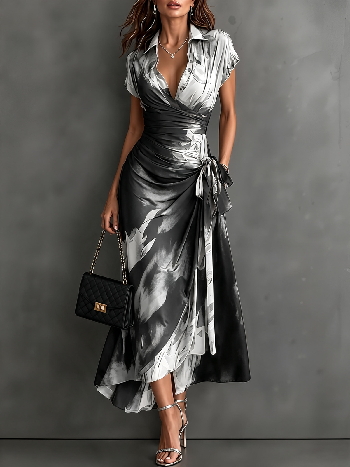 Malasia | Vestido Midi Envoltura Abstracto Rojo y Negro con Cuello Camisero, Escote en V
