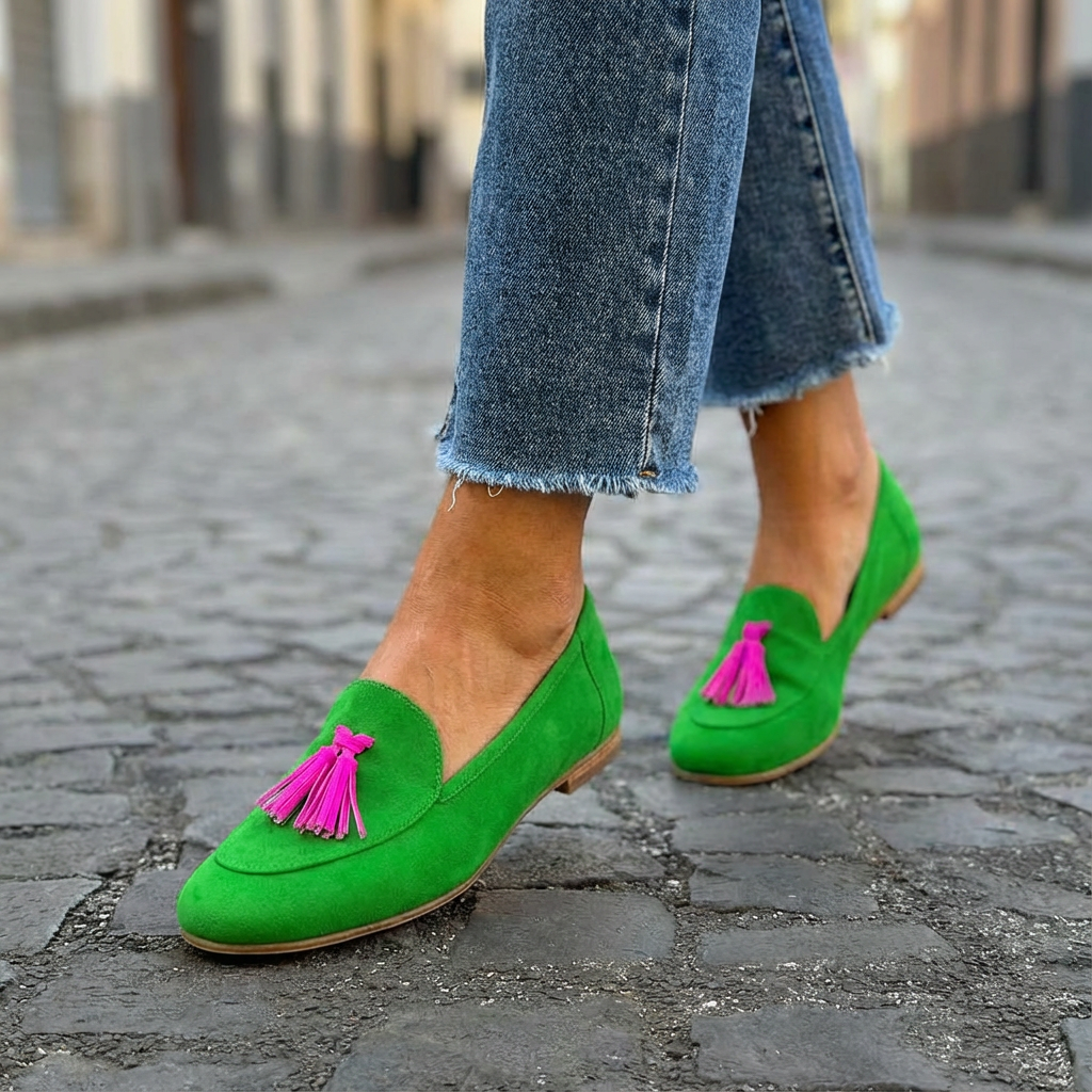 Isabela | Mocasín Verde con Flecos Fucsias