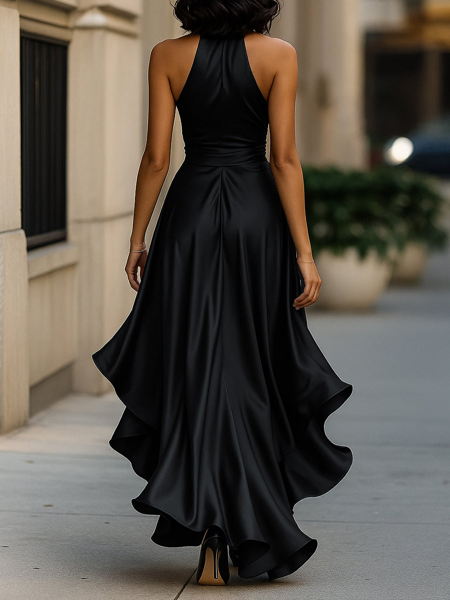 Triana | Vestido de Raso con Volantes Halter Elegancia de Medianoche