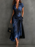 Malasia | Vestido Midi Envoltura Abstracto Azul y Negro con Cuello Camisero, Escote en V