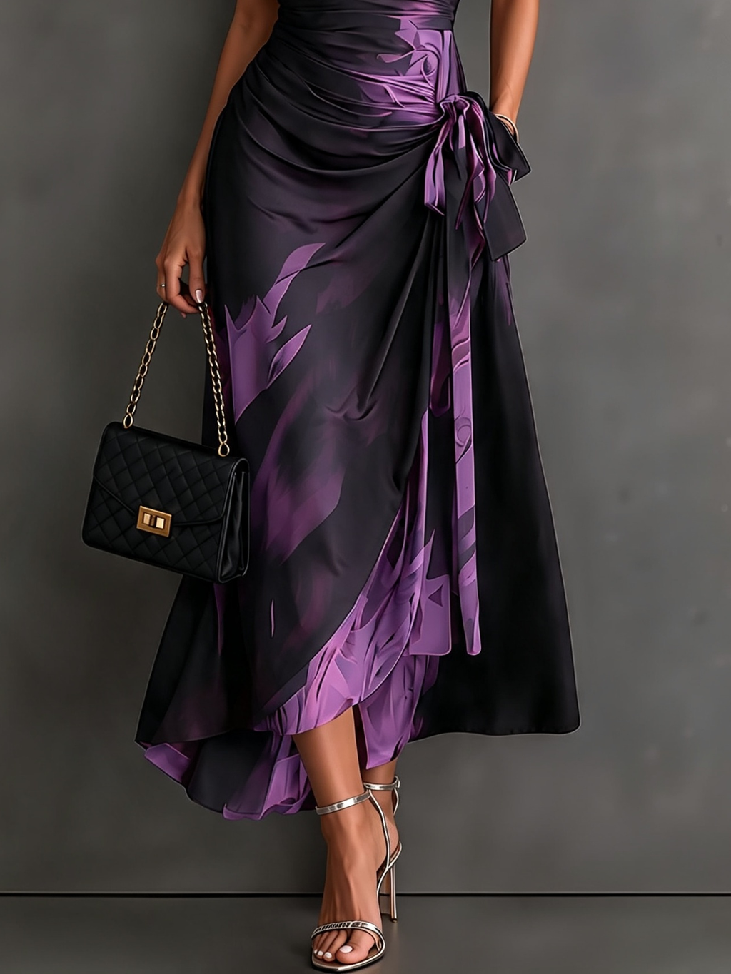 Malasia | Vestido Midi Envoltura Abstracto Rojo y Negro con Cuello Camisero, Escote en V