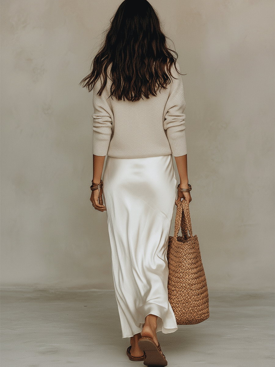 Lucia | Conjunto Elegante de Suéter de Punto y Falda Midi de Satén Gris
