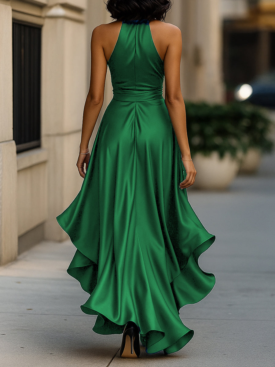Triana | Vestido de Raso con Volantes Halter Elegancia de Medianoche