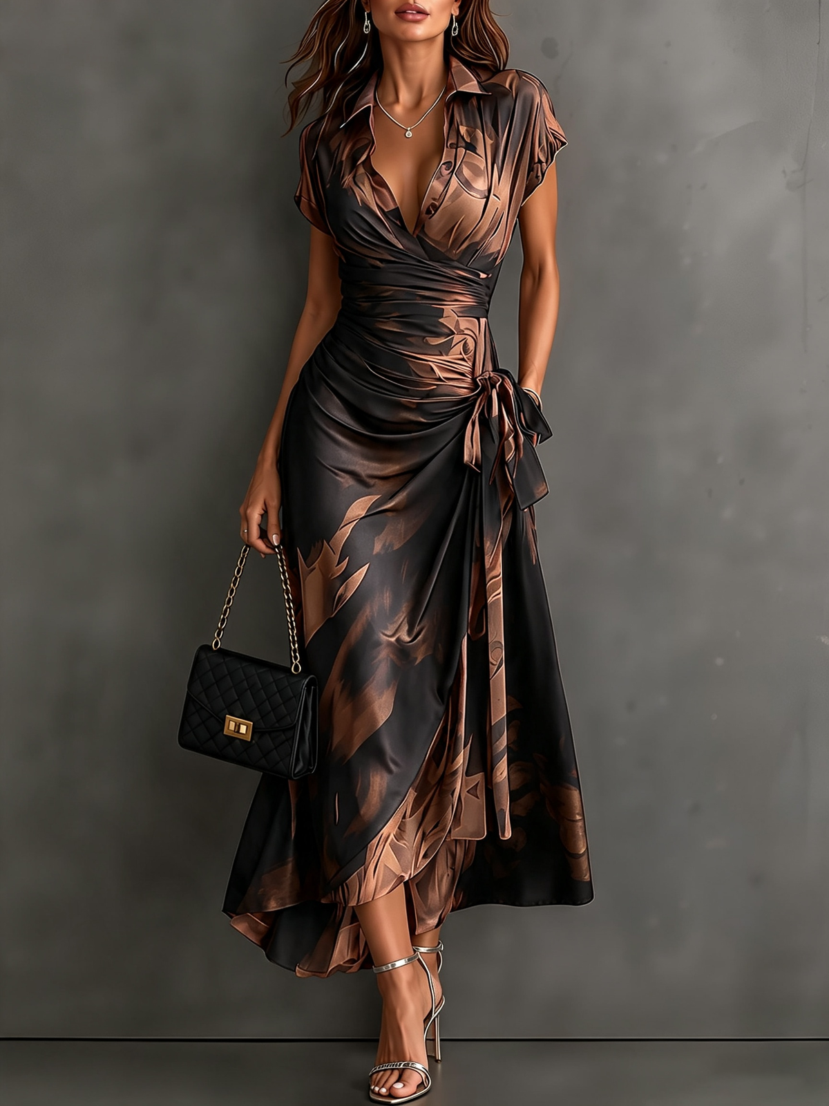 Malasia | Vestido Midi Envoltura Abstracto Rojo y Negro con Cuello Camisero, Escote en V