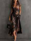 Carla | Vestido Midi Envolvente Abstracto Negro Marrón con Cuello Camisa, Escote en V